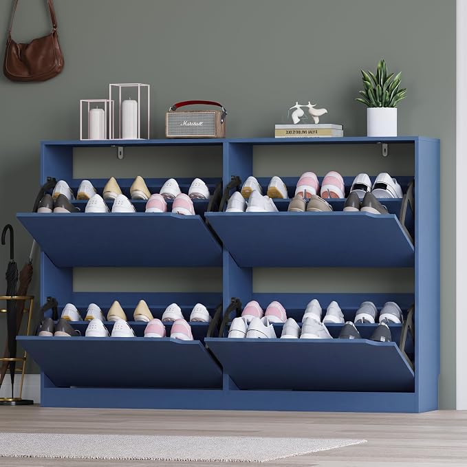 BORNOON Shoe Cabinet with 4 Flip Drawers, Narrow Hidden Shoe Storage Cabinet, Slim Freestanding Shoe Rack Organizer for Entryway, Hallway, Bedroom, Living Room