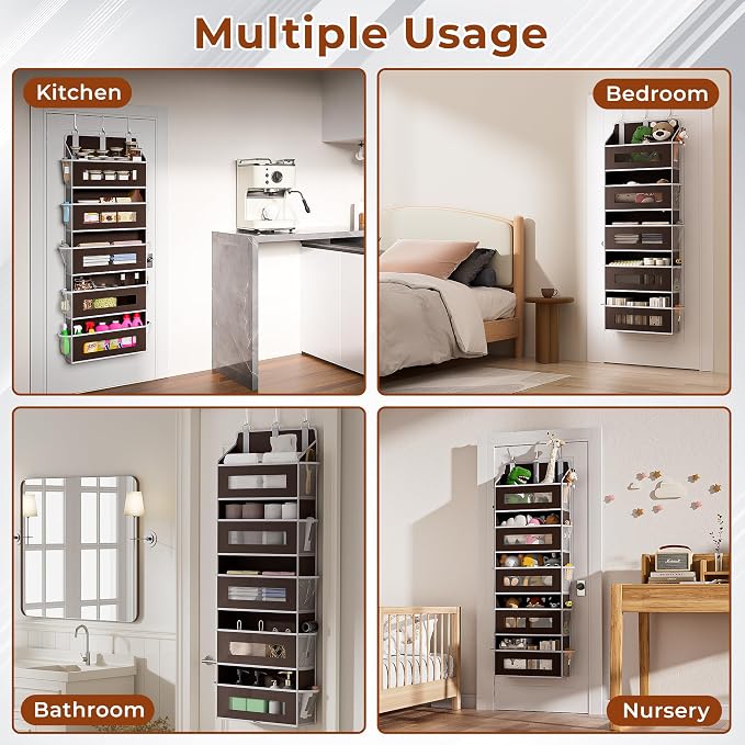 2 Pack 5 Tier Over The Door Organizer - Large Capacity Behind Door Hanging Shelves with 10 Mesh Pockets and Clear Windows, Closet Organizers and Storage for Bathroom, Bedroom, Nursery, Brown
