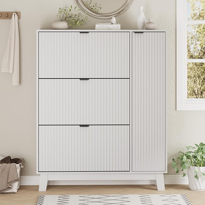 Xixini Shoe Cabinet with 3 Flip Drawers, 54" Tall Narrow Fluted Shoe Storage Organizer for Entryway, Hidden Wooden Shoe Rack with Adjustable Side Cabinet for Front Door Entrance, Hallway, Solid White
