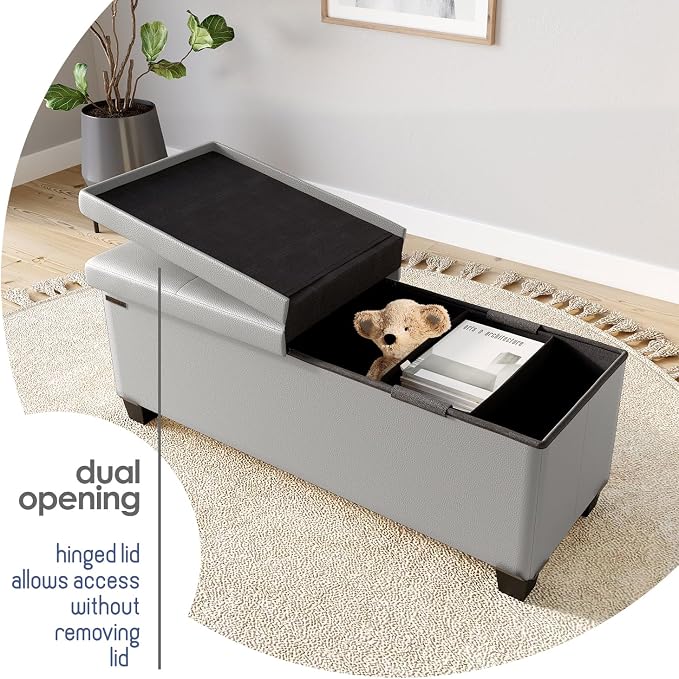 Storage Ottoman Bench with Bins, 43-in Storage Bench for Bedroom End of Bed, Folding Foot Rest Ottoman for Living Room Max 660lbs, Leather Ottomans, Light Grey