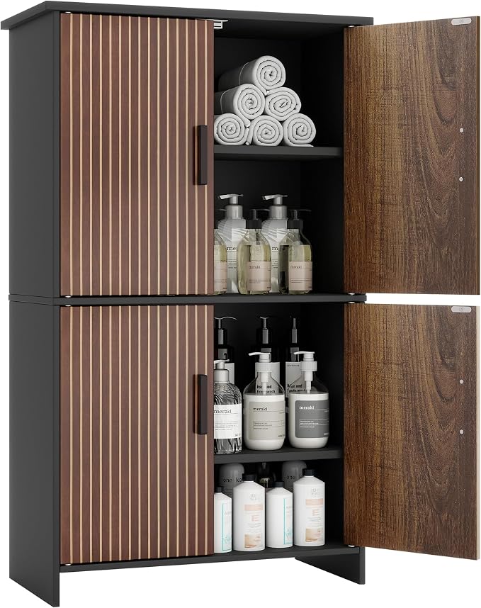 Bathroom Storage Cabinet, Floor Cabinet with 4 Fluted Doors and 2 Adjustable Shelves Wooden Tall Freestanding Organizers and Storage,Black
