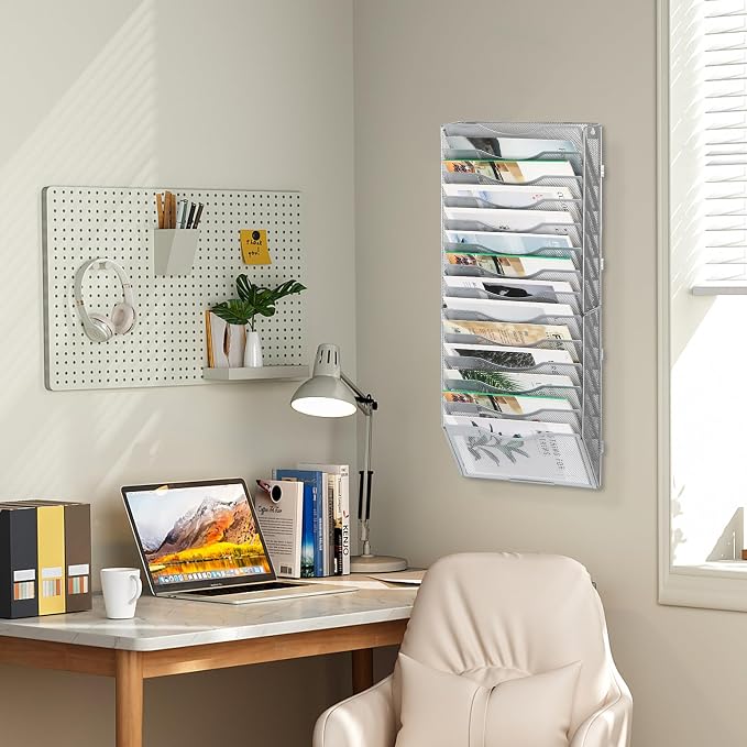 EasyPAG Wall File Organizer for Office 14 Pocket Mesh Wall Mounted Paper Organizer Hanging Folder Holder with Nametag Label for Home School, Silver