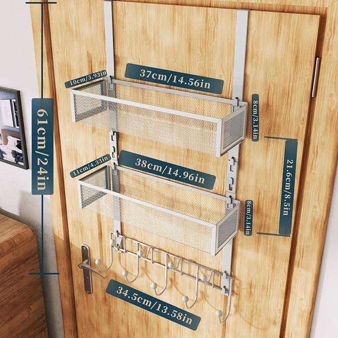 Consumest Over The Door Hooks Organizer - 3 Tier Door Hanger with 9 Coat Hooks & 2 Mesh Basket, Back Storage Organizer Hanging Towels for Bathroom, Bedroom, Silver