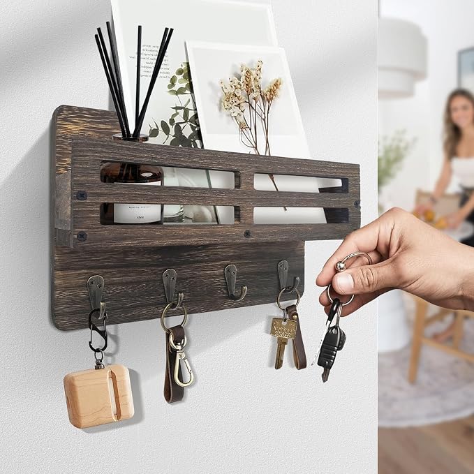 Key Holder Wall Mount Farmhouse Key Hooks for Wall with Mail Organizer Decorative Key Rack with 4 Sturdy Hooks for Dog Leash, Sunglasses, Rustic, Paulownia Key Hanger for Entryway, Brown