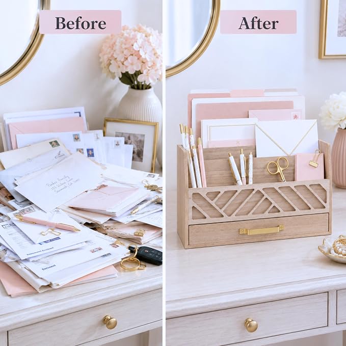 BLU MONACO | Wooden Mail Organizer with Drawer and Gold Handle | Outgoing Mail Holder and Letter Sorter for Desk | Natural Wood Desktop Paper Organizer