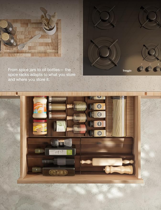 Tinamo Acacia Wooden Spice Rack Organizer for Cabinet - Spice Drawer Insert, Spice Organization for Cabinet, Seasoning Organizer, Spice Holder Pack of 8 (Walnut, Pack 8) | Acacia Wood Construction, No assembly, Stackable 4-tray design, Spacious for up ...