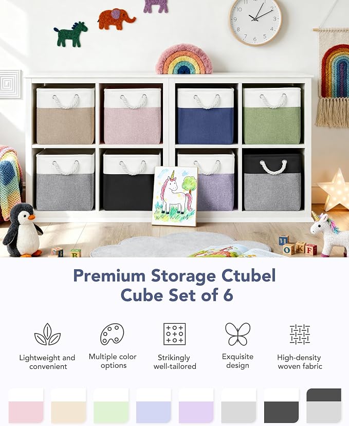 12x12 Inch Fabric Cube Storage Bins with Cotton Rope Handle 6-Pack | Top Support of Metal Frame, Bottom with Cardboard Support, Foldable Storage Bins for Closet, Bedroom, White Blue