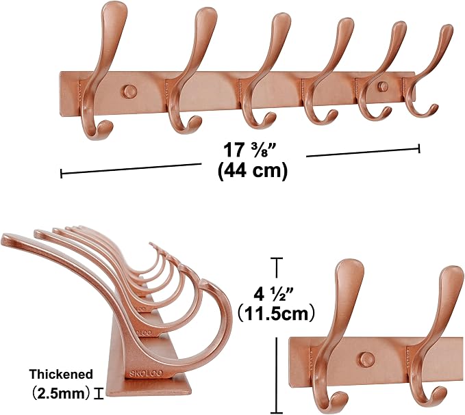 SKOLOO Coat Rack Wall Mounted - 6 Hooks, Pack of 2, Heavy Duty, Stainless Steel, Metal Wall Hanger, Sturdy Coat Hooks for Hanging Coats, Jacket, Clothes, Hat, Matte Rose Gold