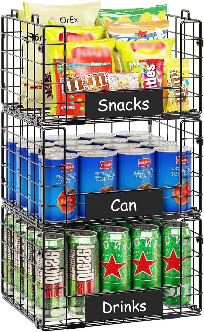 3 Pack XL Stackable Wire Baskets with Handle, Pantry Organizers and Storage | Snack Organizer & Vegetable Basket & Metal Pantry Bin & Fruit Basket for Kitchen Counter