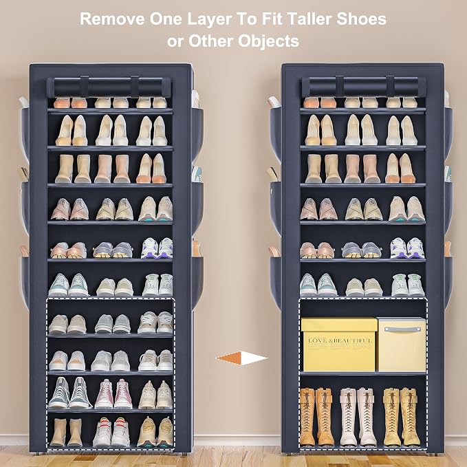 OYREL Shoe Rack Dustproof 10 Tier Tall Large Storage with 6 Storage Pocket | Space Saving Fabric Cover Shoe Organizer Shelf for Closet, Bedroom, Garage, Entryway, Narrow Free Standing Cabinet Holder