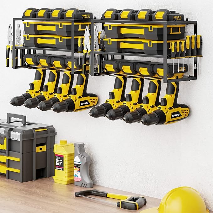 SPACECARE Power Tool Organizer- 2 Pack 3 Layers Rack for 8 Drill Holders | Heavy Duty Tool Shelf Durable Wall Mount Tool Storage Rack for Work Shop, Garage Organization, 150Lbs Load Capacity, Black