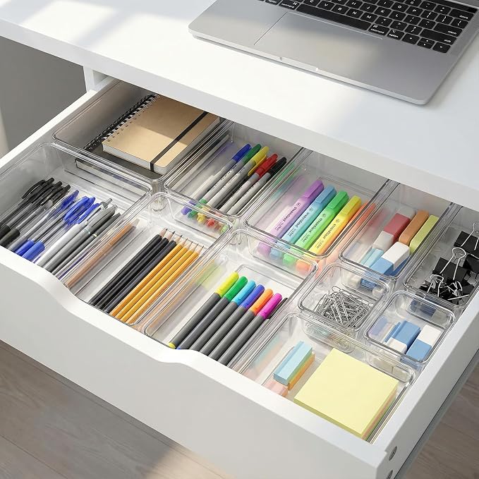 14 Pcs Clear Drawer Organizer - 3 Sizes, Adjustable Drawer Storage Box, Desk Drawer Organizer, Acrylic Storage Bins for Makeup, Cosmetic, Kitchen Utensils, Bedroom Dressers Tool Organizer for Gadgets