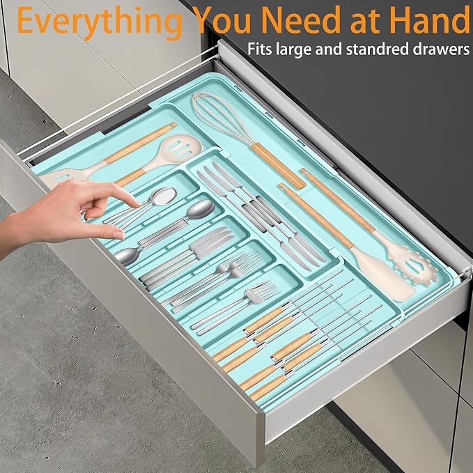 Homecor Silverware Organizer - Expandable Large Kitchen Drawer Organizer Utensil Organizer with 2 Knife Block Inserts, 22"x 19"Cutlery Tray with Drawer Dividers for Kitchen Flatware (Turquoise)