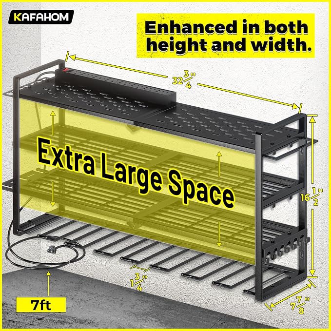 Power Tool Organizer with Charging Station.Garage 8 Drill Holder Built in 8 Outlets Power Strip,Tool Storage Shelf Wall Mount,Tool Battery Organizer with Screwdriver/Hammer/Air Tool Rack