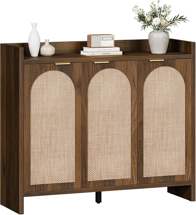 Shoe Cabinet Storage for Entryway - Rattan Accent Cabinet with 3 Doors & Adjustable Shelves, 6-Tier Large Wood Shoes Cabinets with Organizer Rack for Entry Way, Hallway, Living Room, Walnut