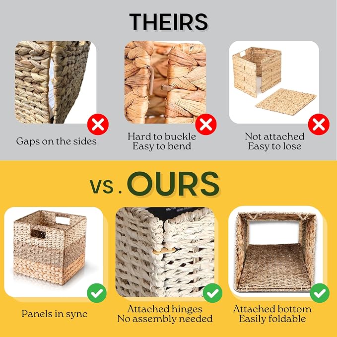 11x11 Wicker Storage Cubes Storage Baskets For Shelves Set 4 | 10.5 x 10.5 Water Hyacinth Storage Baskets Woven With Seagrass, Palm Leaf. Foldable Square Baskets With Carry Handles
