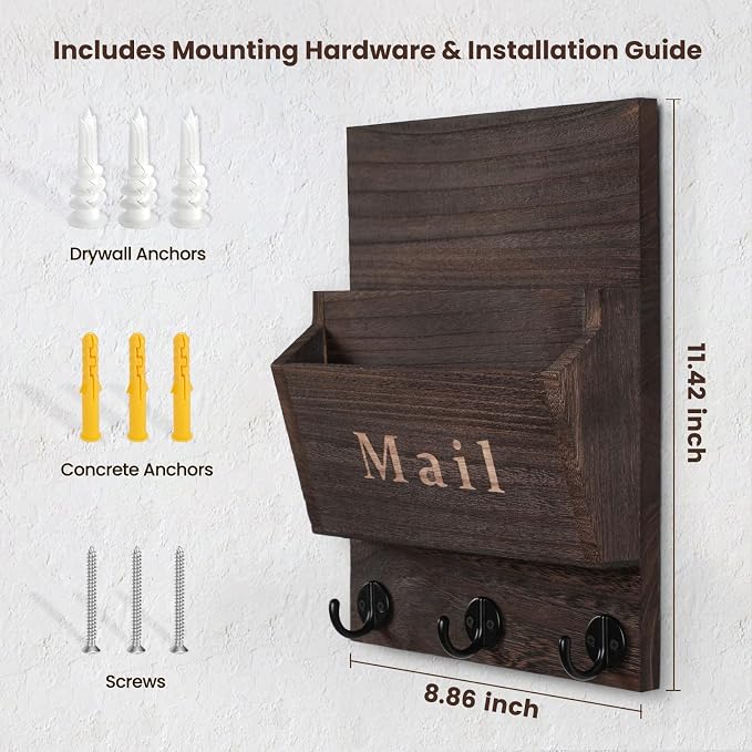 Mail and Key Holder, Wall Key Holder with 2 Mail Organizer Slot and 3 Hooks | Decorative 8.86" x 11.42" Mail Holder, Real Paulownia Wood with Keyhole Brackets, Hardware and Instructions