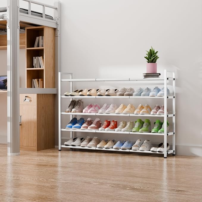 Bumusty 5 Tier Long Expandable Shoe Rack for Closet, White | 18"-44" Adjustable Shoe Rack for Entryway, Shoe Organizer for Dorm, Front Door, Sturdy Metal