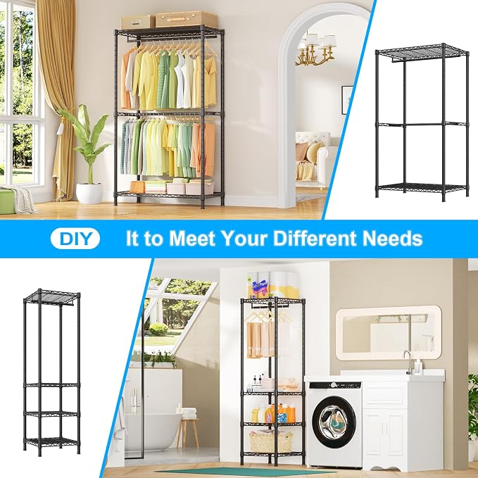 Ulif E10 Clothes Rack(With Stretchable Hanger Rod)Freestanding Clothing Racks for Hanging Clothes,Adjustable Closet Organizer System,Portable Garment Rack 73-97"W x 15" D x 72" H,Max Load 800LBS,Black