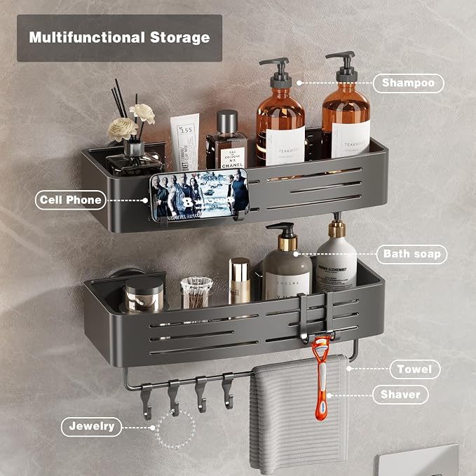Voldra Shower Caddy Suction Cup, 2 Pack Shower Shelves for Inside Shower No Drilling, Aluminum Suction Showers Organizer with Towel Bar & Hooks Removable Bathroom Shelf Storage Rack(Gray)