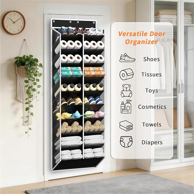 KEEPJOY 20-30 Pairs Over the Door Shoe Organizer, Mesh Hanging Shoe Rack for Door Storage with 20 Wide Deep Pockets,10-Tier Black Door Shoe Holder Fits Sneakers, Boots.