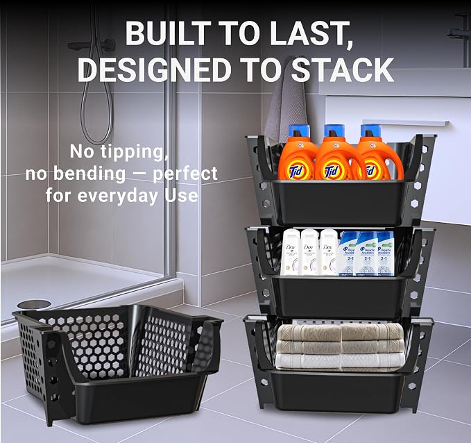 Skywin Stackable Storage Bins Open Front for Pantry Storage, 4 Pack - Black | Sturdy Plastic, Easy Stacking, Breathable & Open Front Design, Pantry Storage for Snacks, Toiletries, and Small Essentials