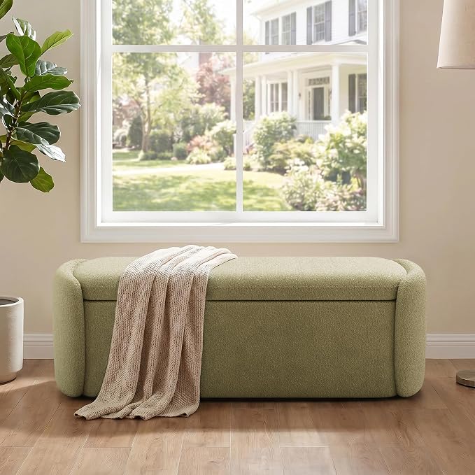 VKNOW Storage Bench, Upholstered Storage Ottoman Bench, Light Green | Ottoman Bench with Large Capacity, Curved Frame, King Size Bench, Storage Bench for Bedroom, Living Room, Entryway, Window