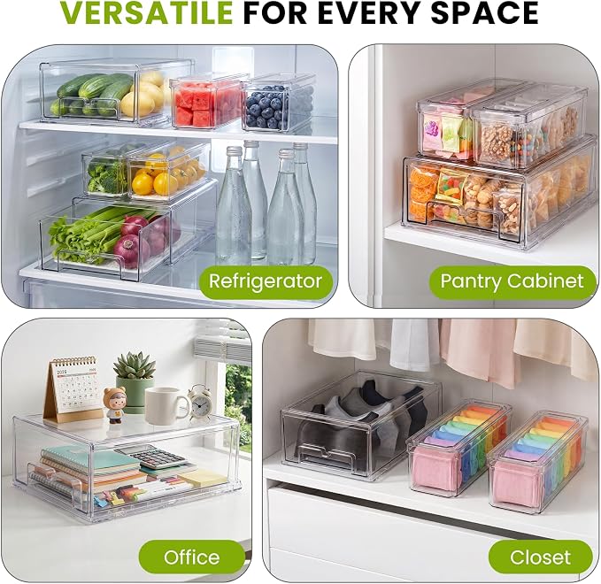 6Pack Fridge Organizers and Storage with Drain Trays,BPA-Free PET,Stackable | 6pack: 2 pull-out organizers & 4 containers with drain trays for fruit, vegetable, drink, snack food storage