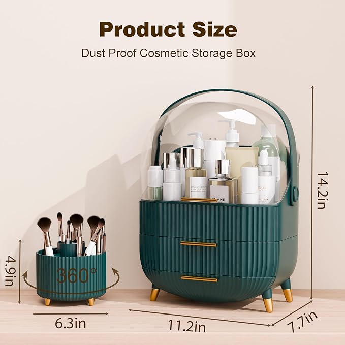 lurcns Makeup Organizers and Storage Make up Organizer for Vanity Cosmetics Skincare With Lid and Drawers Display Cases for Countertop Bathroom Women Teenager Girl Gifts(Dark Green+Brush Holder)