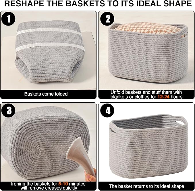 ICERZCZ Storage Baskets for Organizing Shelves, Woven Cotton Rope Bins for Baby Nursery Organization, Book Toy Towel Organizer, 15"x11"x9.5", 3 Packs, Grey
