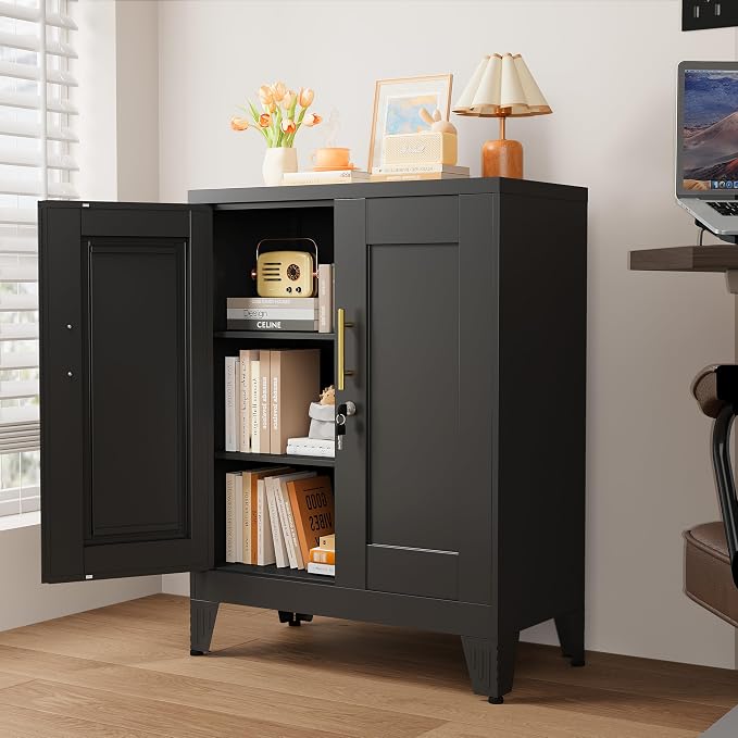 GAIOUS Black Metal File Cabinet with Lock(Two Units), Steel Storage Cabient | with 2 Doors and 2 Adjustable Shelves, Multifunctional Locked Cabinet for Home/Office/Garage/Tool Room, Accent Furniture