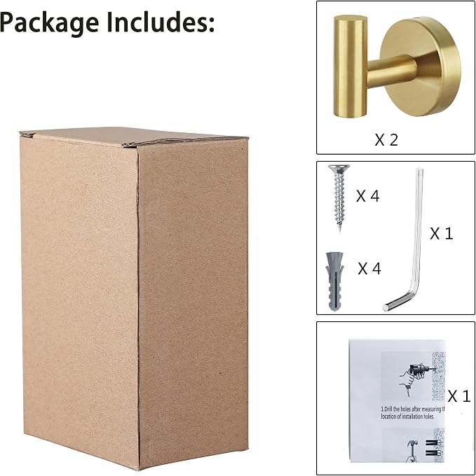 Towel Hooks for Bathroom 2 Packs Screw- in Gold Wall Mount Towel Holder Towel Rack, Heavy Duty Robe Coat Loofah Hooks for Shower, Kitchen,Hotel, Pool Tile, Brick Modern Style Decor Wall Hooks