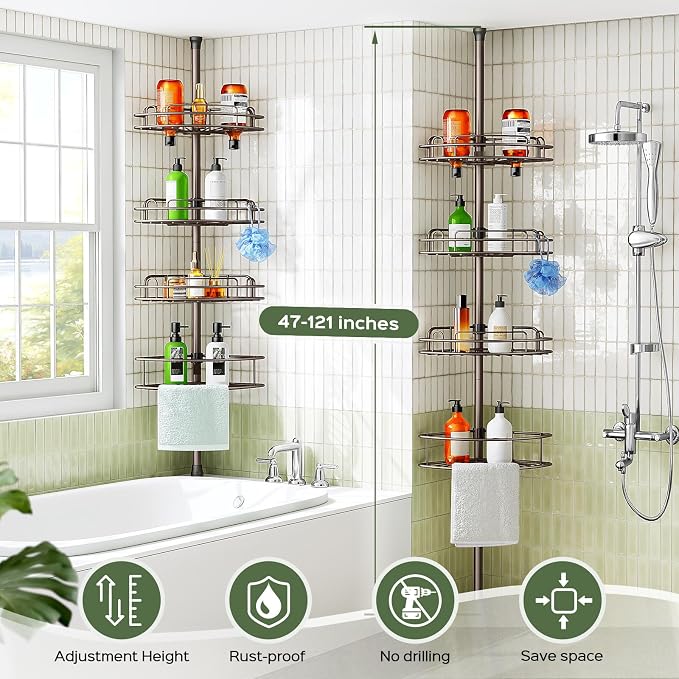 HAMITOR Corner Shower Caddy Tension Pole: 4-Tier Rust-Resistant Adjustable Bathroom Organizer Shelves - 47-121 Inch No-Drill Quick Installation - Space-Saving Storage for Renters Families - Bronze