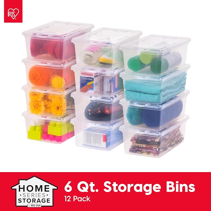 IRIS USA 12-Pack 7 Qt Storage Bins with Lids, Clear, Stackable | Ideal for shoes, crafts, office supplies and pantry items, nestable design, transparent design makes contents easy to find