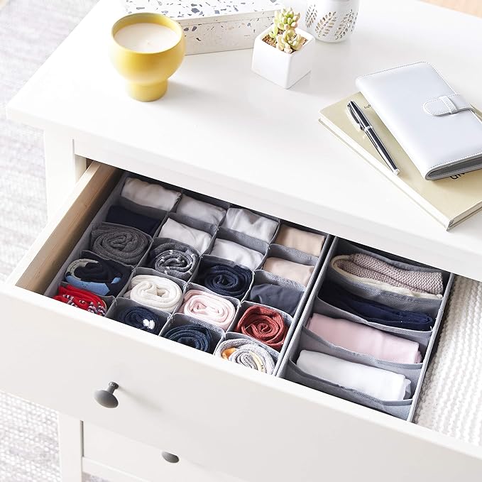 Amazon Basics Deep Drawer Organizer for Clothes, Collapsible Storage Boxes for Socks, Underwear and Baby Items, Set of 4, Gray | Pack of 2