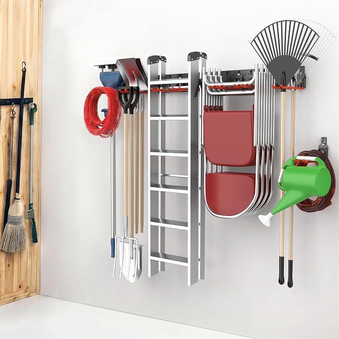EVERHANGER Garage Tool Storage Organizer Wall Mount, Versatile Garden Tool Rack Organization, Folding Chair Hangers with 8 Multifunctional Hooks, Max Load 330lb, 48inch