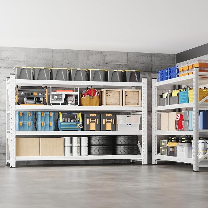 BYNSOE 71" W Storage Shelves 5000lbs Garage Metal Shelving Heavy Duty Garage Shelves Adjustable Storage Shelves for Industrial, Factory (White, 71" W x 24" D x 69" H)