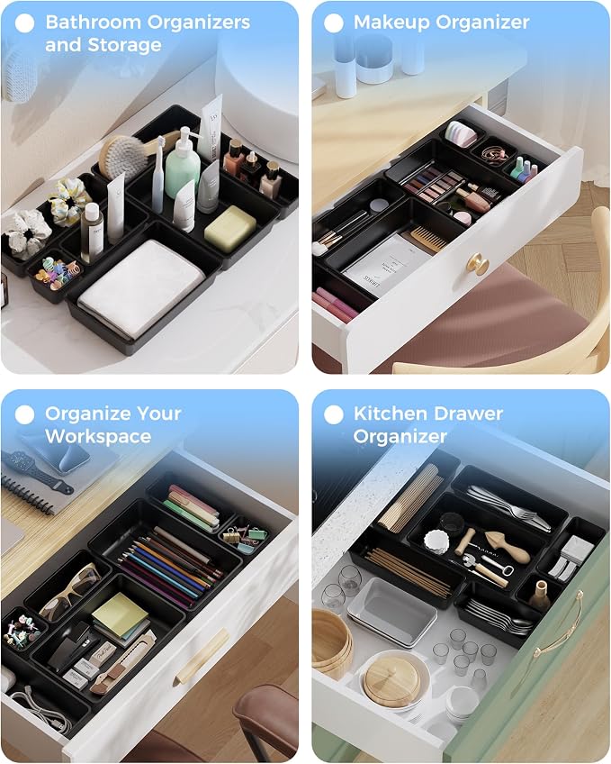 BiuLeon 25 PCS Plastic Drawer Organizers Set, 4-Sizes Vanity and Makeup Organizer, Desk and bathroom Drawer Organizer Trays, Organizers and Storage for Makeup, Jewelry, Gadgets, Utensils (Black)