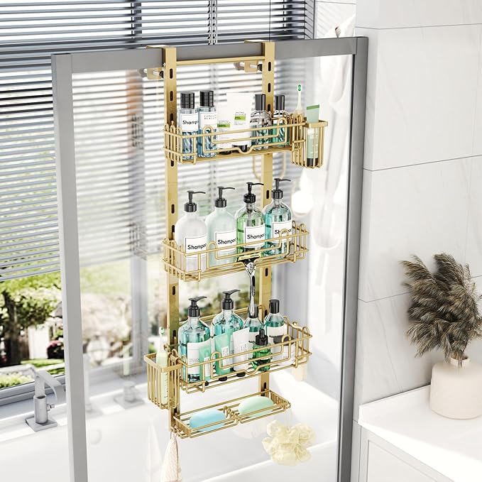 HapiRm Hanging Shower Caddy Organizer - Shower Shelf with 22 Hooks and 2 Toothbrush Holders, No Drilling Adjustable Hanging Bathroom Organizer - Gold
