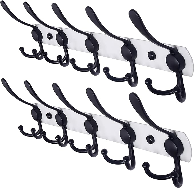 Dseap Wall Mounted Coat Rack - 5 Tri Hooks, Heavy Duty, Stainless Steel, Metal Coat Hook Rail for Coat Hat Towel Purse Robes Mudroom Bathroom Entryway (White & Black, 2 Packs)