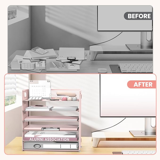 Daltack 6-Tier Paper Organizer for Desk with Handle, Pink | Sturdy Metal Mesh Organizer with Movable Middle Trays and a Carry Handle for Papers, Folders and Office Supplies