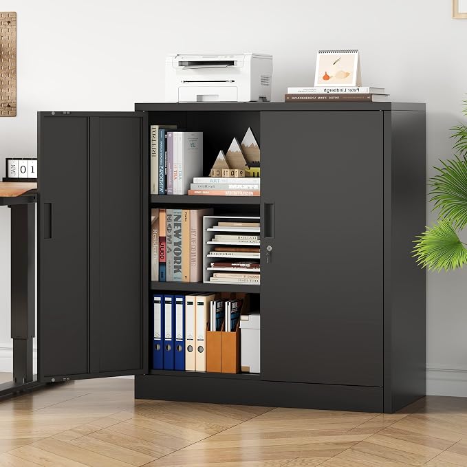 Metal Storage Cabinet, 36" Locking Cabinet with Adjustable Shelves for Garage, Office (Black)