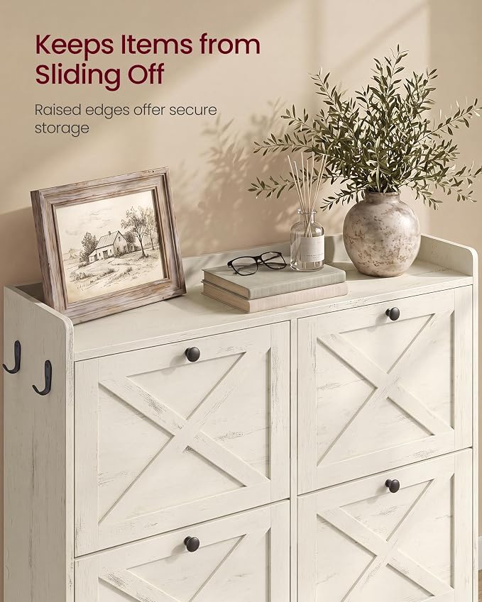 VASAGLE Shoe Storage Cabinet Organizer with 4 Flip Drawers, Freestanding Narrow Shoe Rack Cabinet for Entryway, Farmhouse Style, Fits 14 to 16 Pairs, Cloud White UHSC403WJ01
