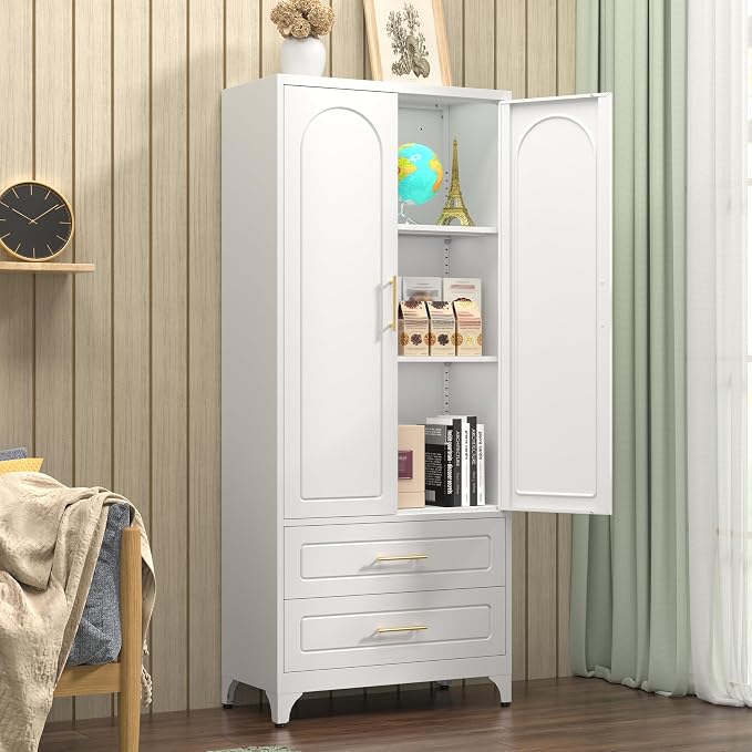 Polup 75" Tall White Metal Pantry Storage Cabinet with 2 Drawers | Heavy-Duty Steel Kitchen Cabinet, 2 Adjustable Shelves & Magnetic Doors, Leveling Feet, for Dining Living Room, Laundry