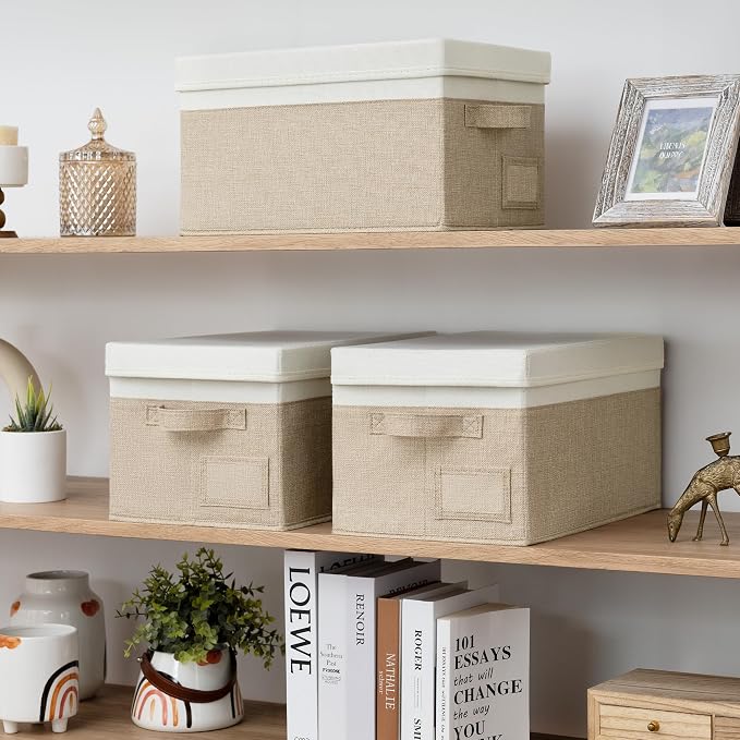 GRANNY SAYS Storage Basket with Lid, Linen Fabric Storage Bins with Label, Decorative Storage Boxes, Clothes Storage and Organization, Memory Keepsake Box, 3-Pack, Medium, Khaki&Ivory