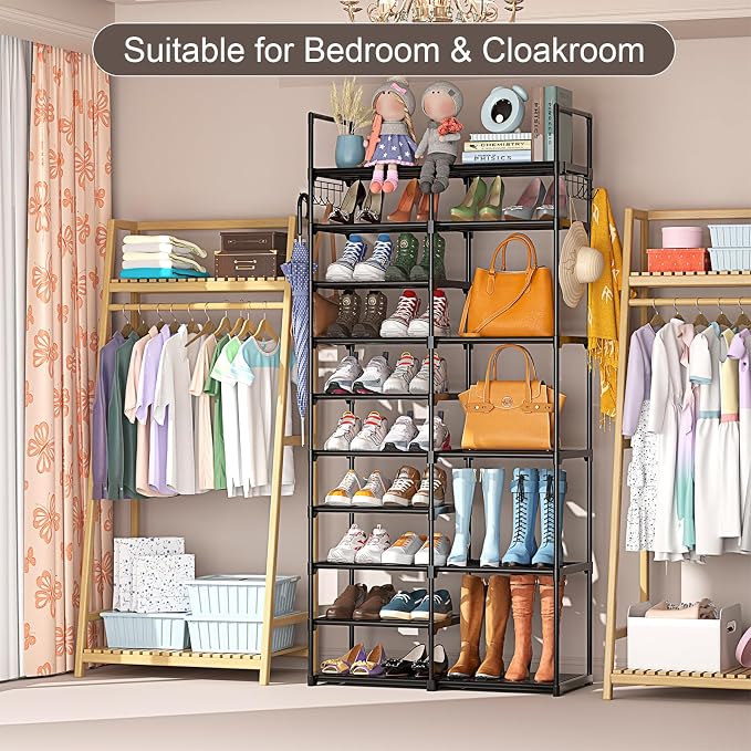 Kottwca 2 Row 10 Tier Tall Shoe Rack Organizer for Closet Entryway, 40-45 Pair Shoe Boot Storage Rack, Metal Shoe Shelf Small Vertical Stackable Shoe Stand for Bedroom Corner