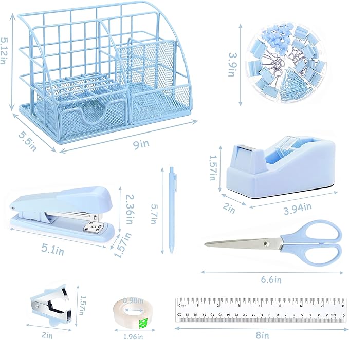 Scindaly Blue Office Desk Accessories Supplies, 10pcs Desk Organizers and Accessories with Tape Dispenser and Stapler,Staples,Scissor,Ruler,Sticky Tabs,Tape,Ballpoint Pen,Clips Set
