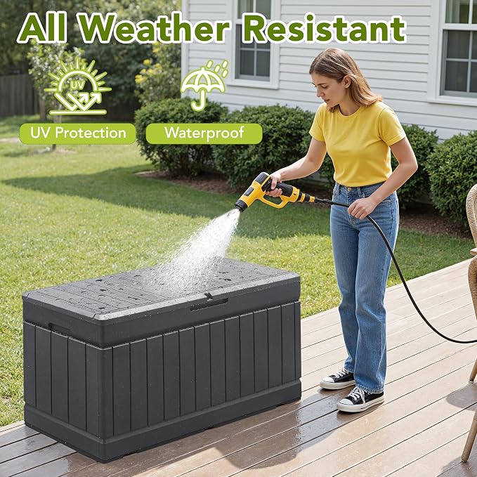 Devoko 78 Gallon Deck Box, Waterproof Resin Outdoor Storage Box | Outdoor Storage Bench Lockable for Outside and Patio Furniture, Garden Tools and Pool Supplies