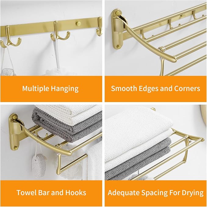 24 Inch Brushed Gold Towel Racks, Bathroom Towel Shelf with Foldable Towel Bar Holder and Towel Hooks, Wall Mounted Multifunctional Bathroom Accessories, Double Towel Bars