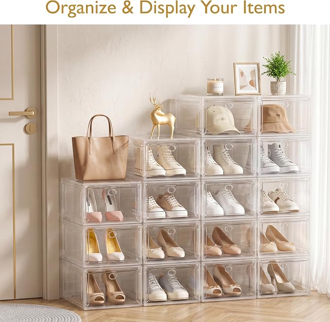 Sturdy Clear Shoe Organizer with Magnetic Door, Stackable Shoe Storage Box | Thick Plastic Shoe Storage for Sneakers & Boots, Collapsible Closet Shoe Rack and Clear Shoe Box, 6 Pack White